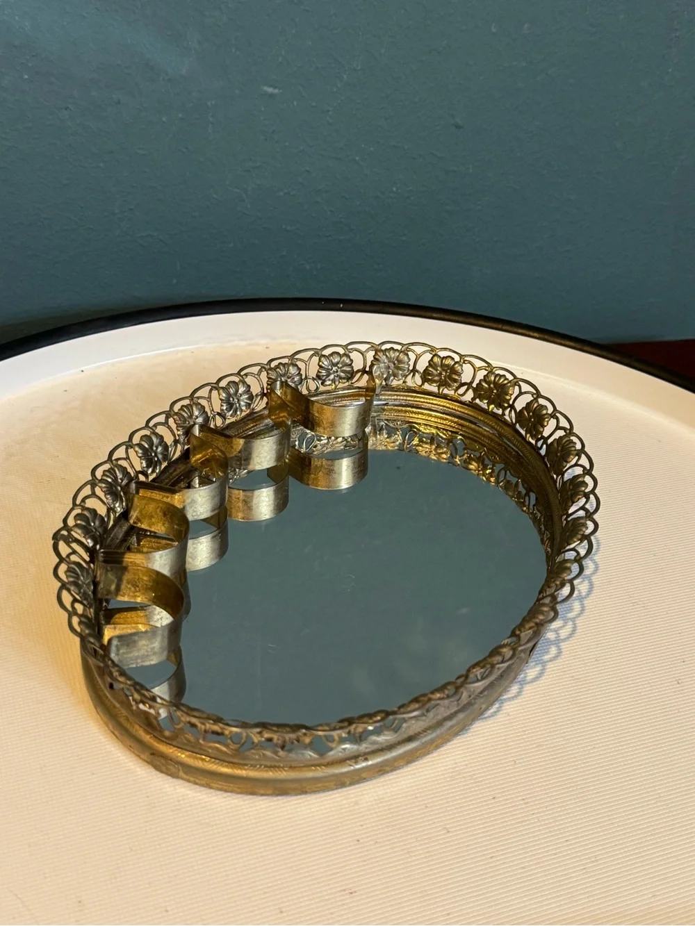 Vintage Metal Vanity Mirror Tray with built-in Lipstick Holder Hollywood Regency